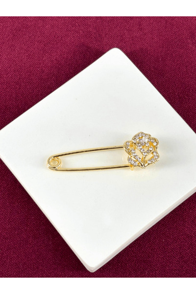 Calista Aksesuar Gümüş Parlak Taşlı Çiçekli Çengelli İgne Gold Broş