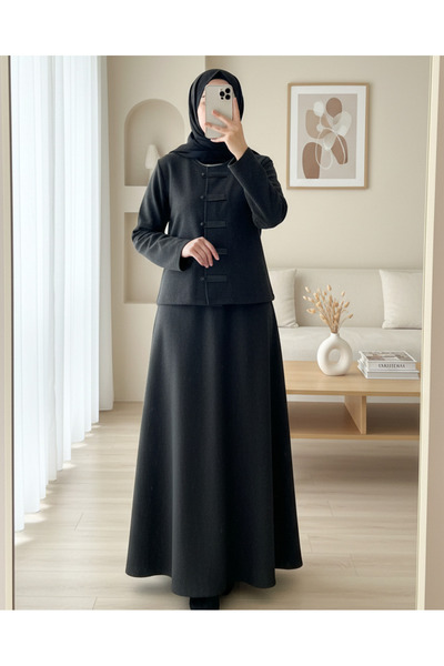 Modamorfo Leather Detailed Buttoned Front Skirt Thessaloniki Suit - Anthracite