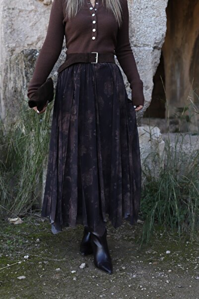 bytugcekaya Kahve Beli Lastikli Desenli Şifon Etek