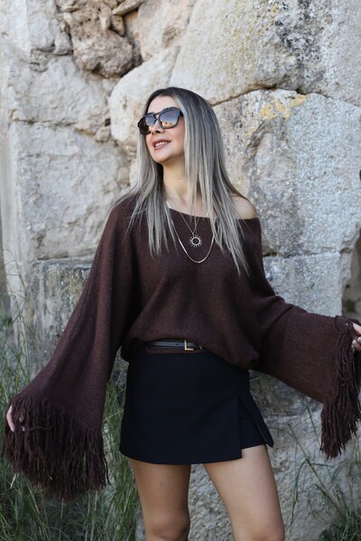bytugcekaya Coffee standard size sleeves tasseled sweater