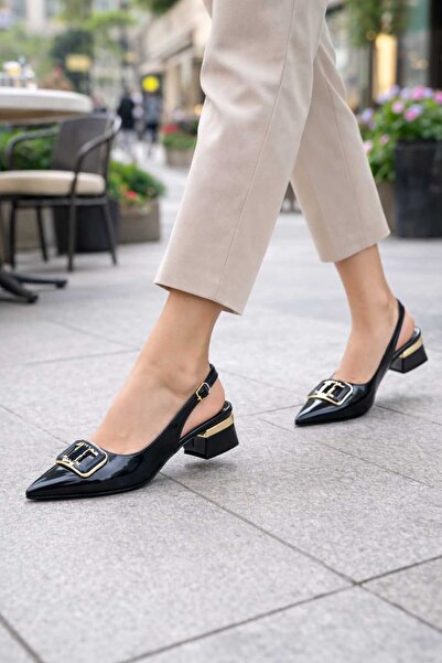 Macelife حذاء نسائي بكعب عالٍ من الجلد اللامع باللون الأسود