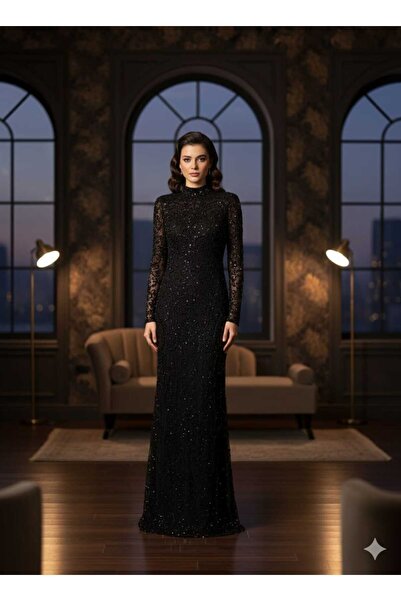 Zeyn KADIN ABİYE GİPÜR İŞLEMELİ BONCUK DETAYLI ELBİSE