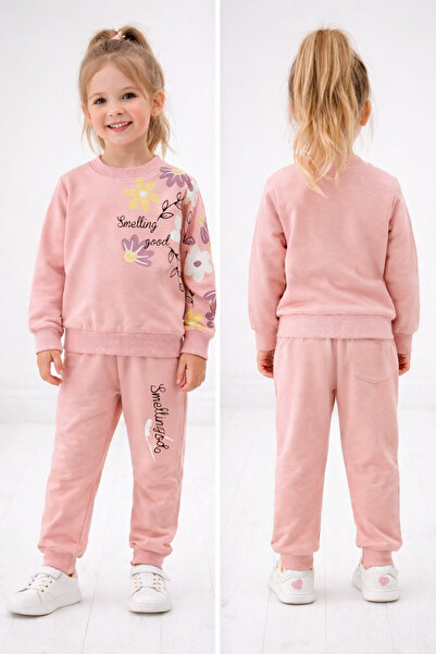 Universal PEMBE RENKLİ ÇİÇEK DESENLİ KIZ ÇOCUK ALT - ÜST TAKIM