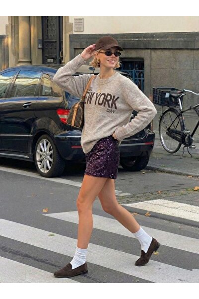 Homay Kadın Oversize New York Yazılı Triko Kazak