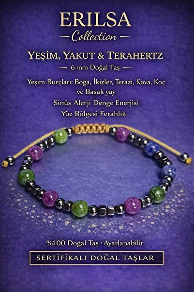 Erilsa سوار الطاقة المعتمد لتوازن منطقة الصدر والوجه - حجر اليشم والياقوت الطبيعي وحجر التيراهيرتز 6 مم