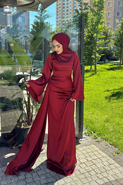 Tarzım Tuba Large Spanish Sleeve Long Piece Detailed Special Occasion Evening Dress Burgundy