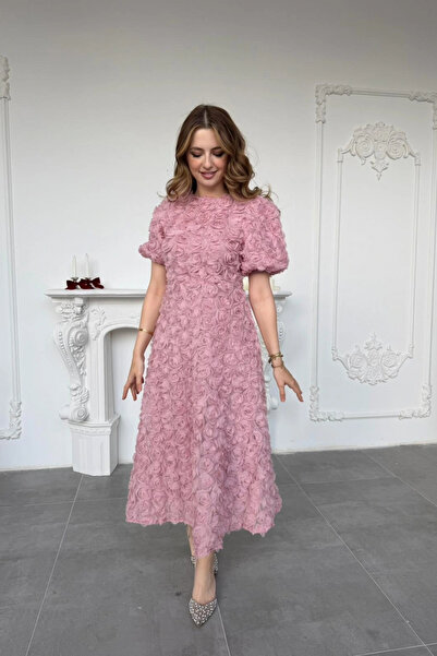 HELİS BUTİK Three-Dimensional Rose Applique Embossed Balloon Sleeve Pink Midi...
