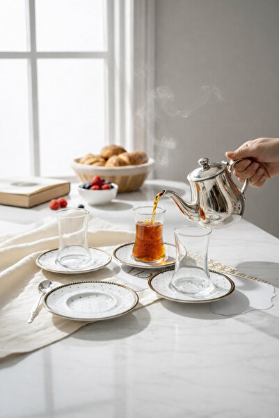 Paşabahçe 12 Parça Lüks Çay Seti 6 Kişilik-Altın Yaldızlı Tabaklı Şeffaf Çay Bardağı Takımı