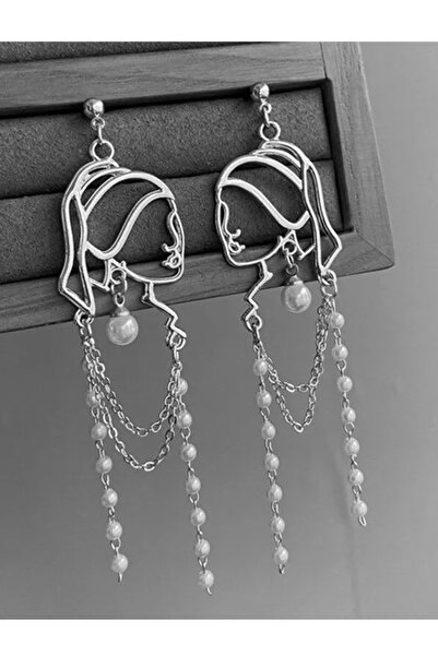 BirYıldızOl Dangle Earrings with Pearl Earrings and Girl Figure