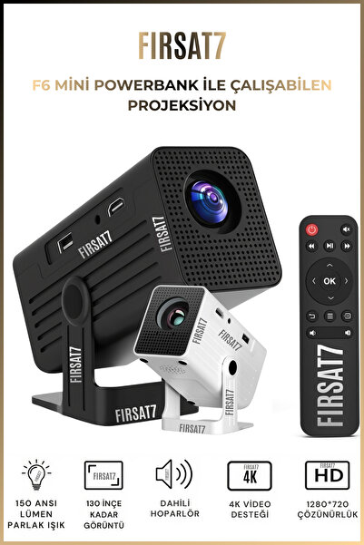Fırsat7 F6 Mini Powerbank Ile Çalışan Projeksiyon Cihazı 4K Destekli Wifi Blu...