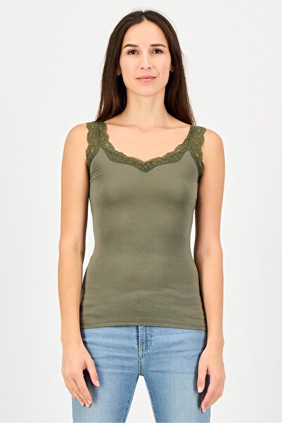 PROMOD Women V-Neck Sleeveless Plain Tank Top, Green