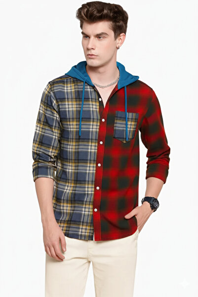 STITCH by MH Two-Tone Plaid Hoodie Shirt – Blue-Yellow & Red-Green with Blue Hood