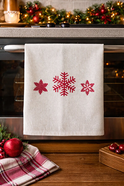 HMM DESİGN Kar Tanesi Keten Yılbaşı Mutfak Havlusu – Kırmızı kar Desenli Doğa...