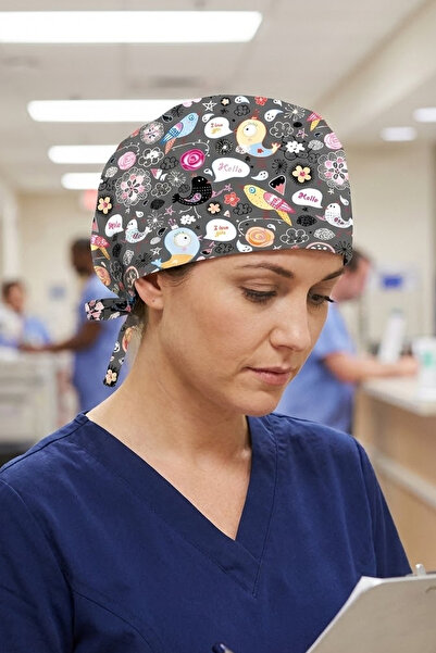 Lion Üniforma Hello Bird Desenli Unisex Cerrahi Bone Hemşire ve Doktor Bone