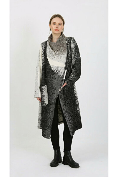DES CONCEPT Kadın Asimetrik Fermuarlı Desenli Palto