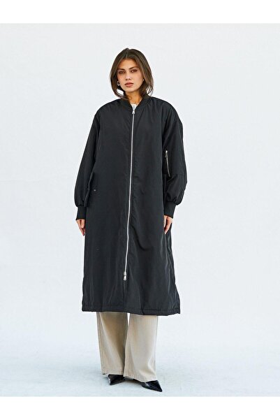 Coral 160676 Ribbed Collar Long Zipper Coat Black