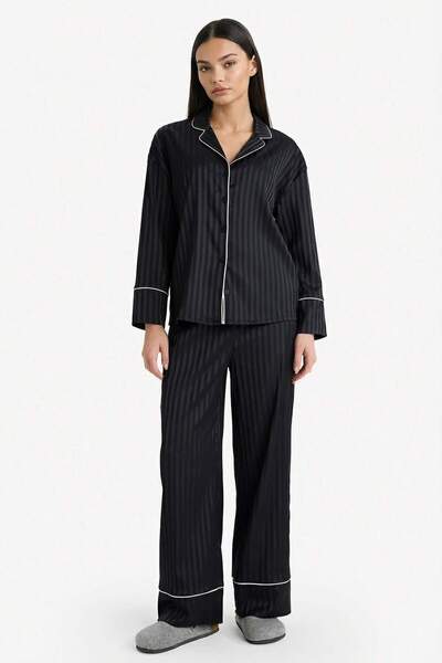 DeFacto Pijama Takımı Regular Fit Saten Uzun Kollu Üst Uzun Alt F3103AX25AU