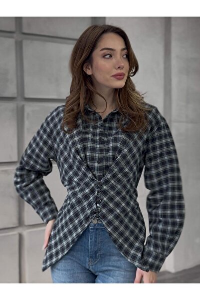 Coral Plaid Lace Detailed Shoulder Pad Pack Shirt 0499 Green