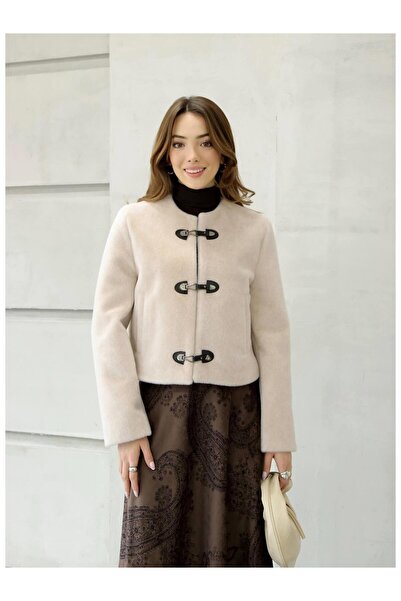 Coral Flok Tokalı Kısa Kürk Ceket 0685 Taş