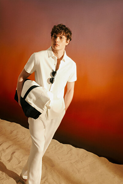 ALTINYILDIZ CLASSICS Men's Ecru Cotton Slim Fit Slim Fit Shirt Collar Jacquard Stretchy Knitted Shirt