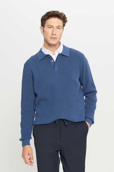 ALTINYILDIZ CLASSICS Мъжки син памучен пуловер с жакардова яка, стандартна кр...