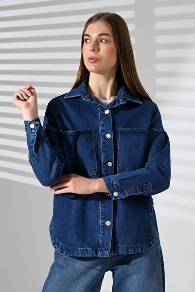 BLUE NATIONAL JEANS Kadın Oversize Kot Gömlek Ceket Kar Yıkama Mavi Orta Enzi...