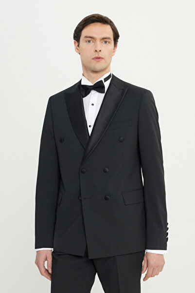 ALTINYILDIZ CLASSICS Erkek Siyah Yünlü Slim Fit Dar Kesim Kırlangıç Yaka Kapak Cepli Kruvaze Damatlık Smokin Takım