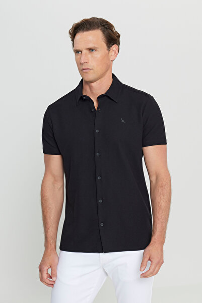 ALTINYILDIZ CLASSICS Men's Black Cotton Slim Fit Slim Fit Shirt Collar Jacquard Stretchy Knitted Shirt