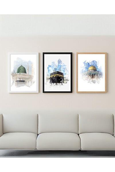 POSTEREN 3'lü A3 Boyutunda Kabe, Mescid-i Nebevi, Kubbetü's-Sahre Çerçeveli P...