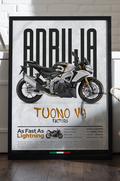 Duvarda Αφίσα Aprilia Tuono V4 Factory με μαύρο ξύλινο πλαίσιο, διακοσμητικός...