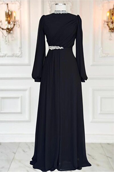 TRENDTESETTÜR KADIN SİYAH TAŞ DETAYLI ŞİFON ABİYE ELBİSE T 6363