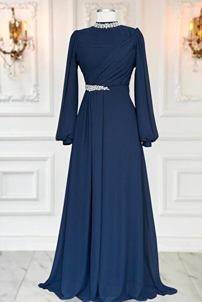 TRENDTESETTÜR KADIN LACİVERT TAŞ DETAYLI ŞİFON ABİYE ELBİSE T 6363