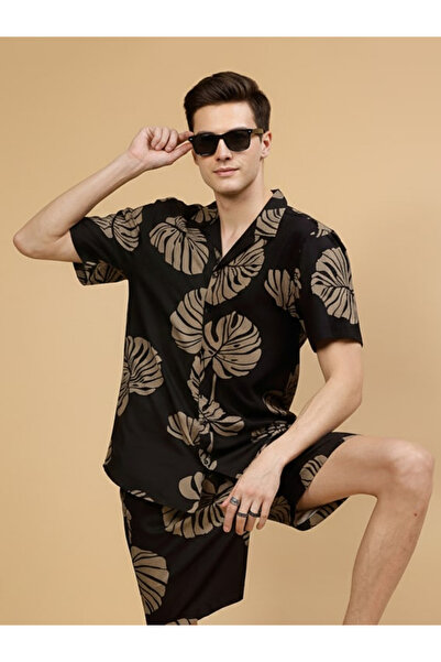 Rigo By Styli Men Black Leaf Print Shirt and Shorts Co-ords