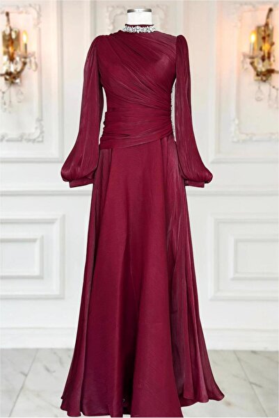 TRENDTESETTÜR KADIN BORDO DRAPELİ ABİYE ELBİSE T 5365