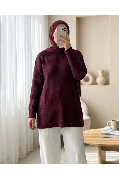 Modamorfo Ribbed Long Knit Sweater - Burgundy