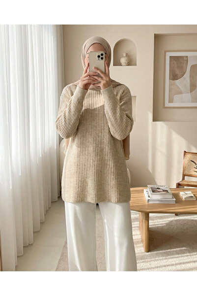 Modamorfo Ribbed Long Knit Sweater - Beige