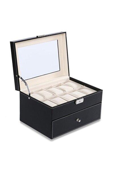 OEM Cutie pentru ceasuri, piele neagră, cu 20 de pernuțe, fereastră transparentă, cu sertar