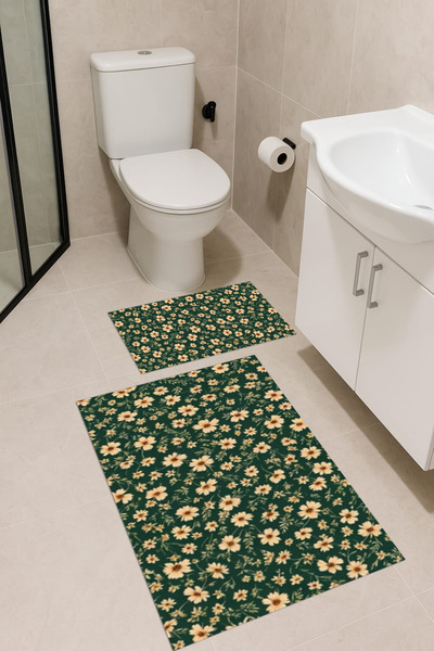 Tepeli Home Sarı Çiçek Desenli Banyo Paspas Takımı 2'li Dijital Baskı Makinad...
