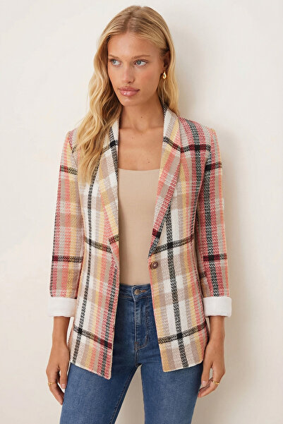 armonika Women's Beige Shawl Collar Sleeves Paneled Single Button Jacket Arm-26K001087