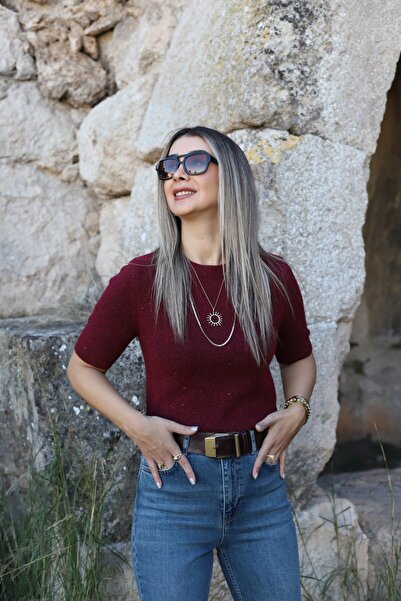 bytugcekaya Bordo Standart Beden Pullu Simli Triko Kazak