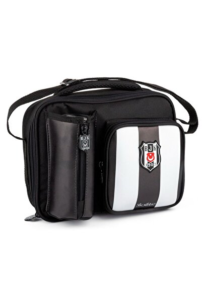 Beşiktaş Stick Patterned Black and White School Lunch Bag - Faux Leather Fron...