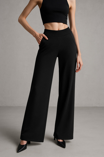 Rich Women's Black Corded Fabric High Waist Wide Leg Pants