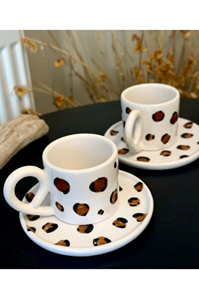 Store El Yapımı 2 Kişilik Leopar Desenli Kahve Fincan Takımı