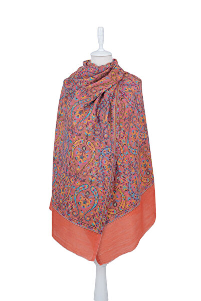 Bursa İpek Orange Jacquard Patterned Wool Shawl