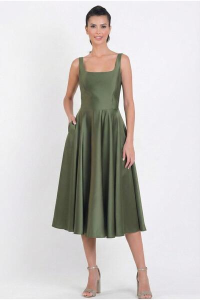 Spazio Nema Sırtı Çapraz Bağlamalı U Yaka Midi Abiye Elbise HAKİ