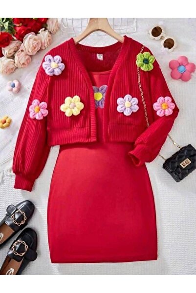 MİA SHİNE S Çiçekli Hırkalı 2’li Kız Çocuk Elbise Takım