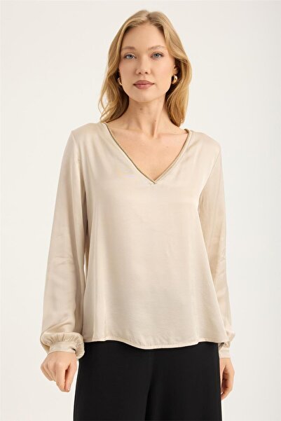 HomeStore Μπλούζα με γιακά V και λάμψη σε όψη ριμπ