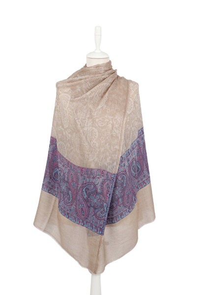 Bursa İpek Blue Border Patterned Wool Shawl