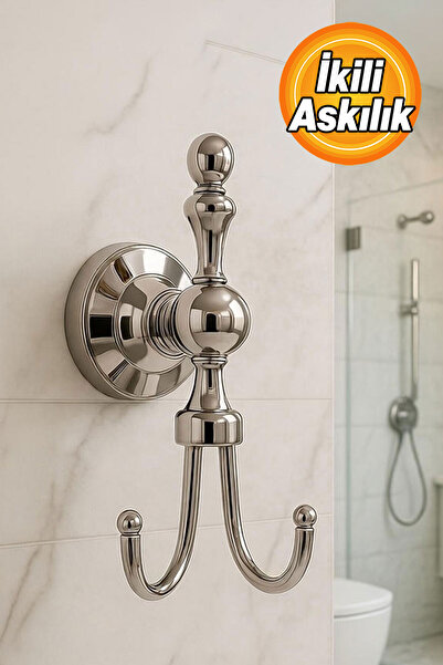 Badem10 (PREMİUM) Lüks İkili Askılık Krom Duvar Tipi Banyo Vestiyer Elbise As...