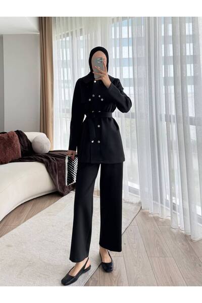 Molly Nelly Γυναικείο Σετ Παντελόνι με Ζώνη και Κουμπωτό Κλείσιμο